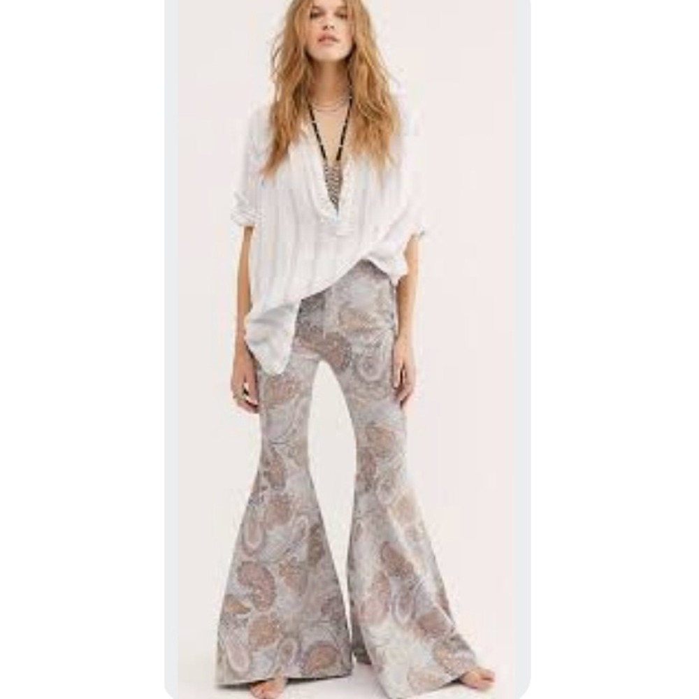 We The Free Free People Paisley Flare Jeans Pink Blue Bell Bottom Size 26